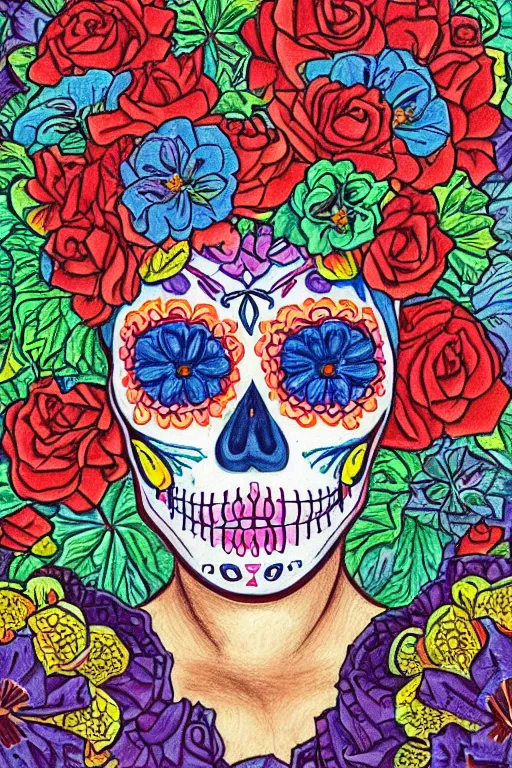 Prompt: Illustration of a sugar skull day of the dead girl, art by theo van rysselberghe