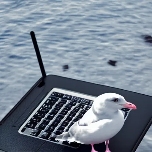 Image similar to a seagull angrily typing on a laptop