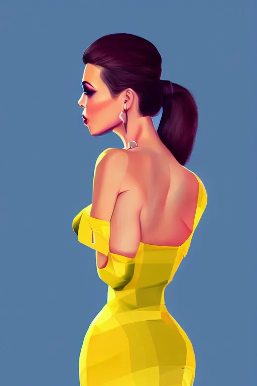 Image similar to full length illustration of very beautifully female looking like angelina jolly with amazing body figure, wearing tight dress, ponytail haircut, digital painting, trending on art station and devian art, pop art, low polygons illustration