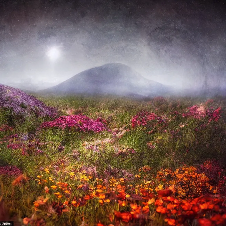 Image similar to a planet of various fungus, mushrooms, flowers and plants, inside the picture is infinity, Atmospheric, artistic photography, conceptual, long exposure outside the city, volumetric light