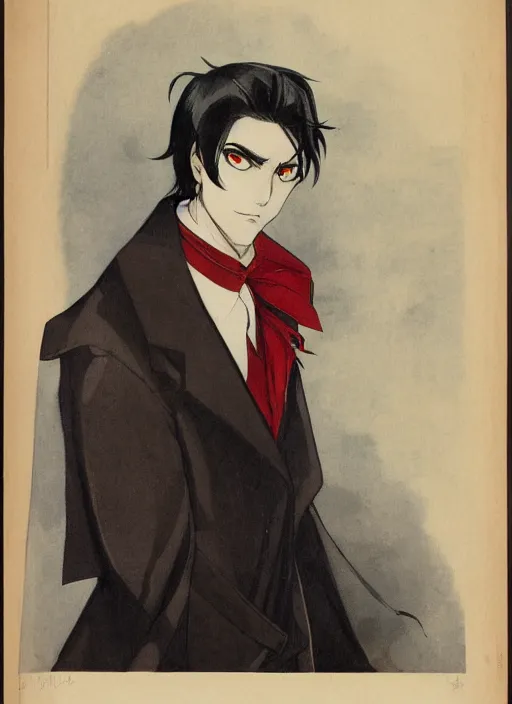 Image similar to portrait by studio gainax, handsome male vampire, focus on face, long black hair, dark blue shirt, light brown coat, red - eyes,