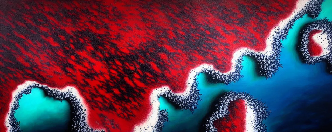 Prompt: A gorgeous detailed oil painting of a dark red sea covered in big blue steep rocks, the further away the mistier it gets, surreal, concept art, dark aesthetic, atmospheric, moody, highly detailed, masterpiece, award winning, hyperrealism, 4k