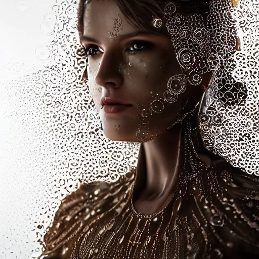 Image similar to full shot of a regal brown woman wearing an intricate and detailed armor made of dew drops. multiple layers. reflections. morning dew. textures. delicate. translucent. studio portrait. photorealistic. octane render