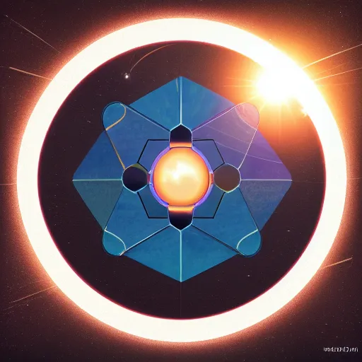 Image similar to hexagon between the sun and planet earth, trending on art station, art deco, retro futurism, realistic, perspective