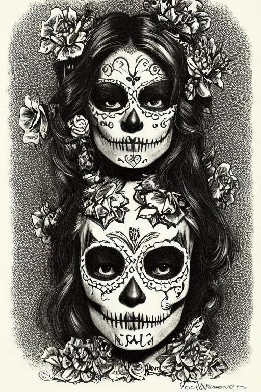 Image similar to Illustration of a sugar skull day of the dead girl, art by franklin booth