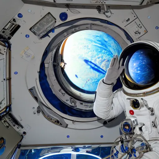 Image similar to astronaut looking at neptune through a spacecraft window