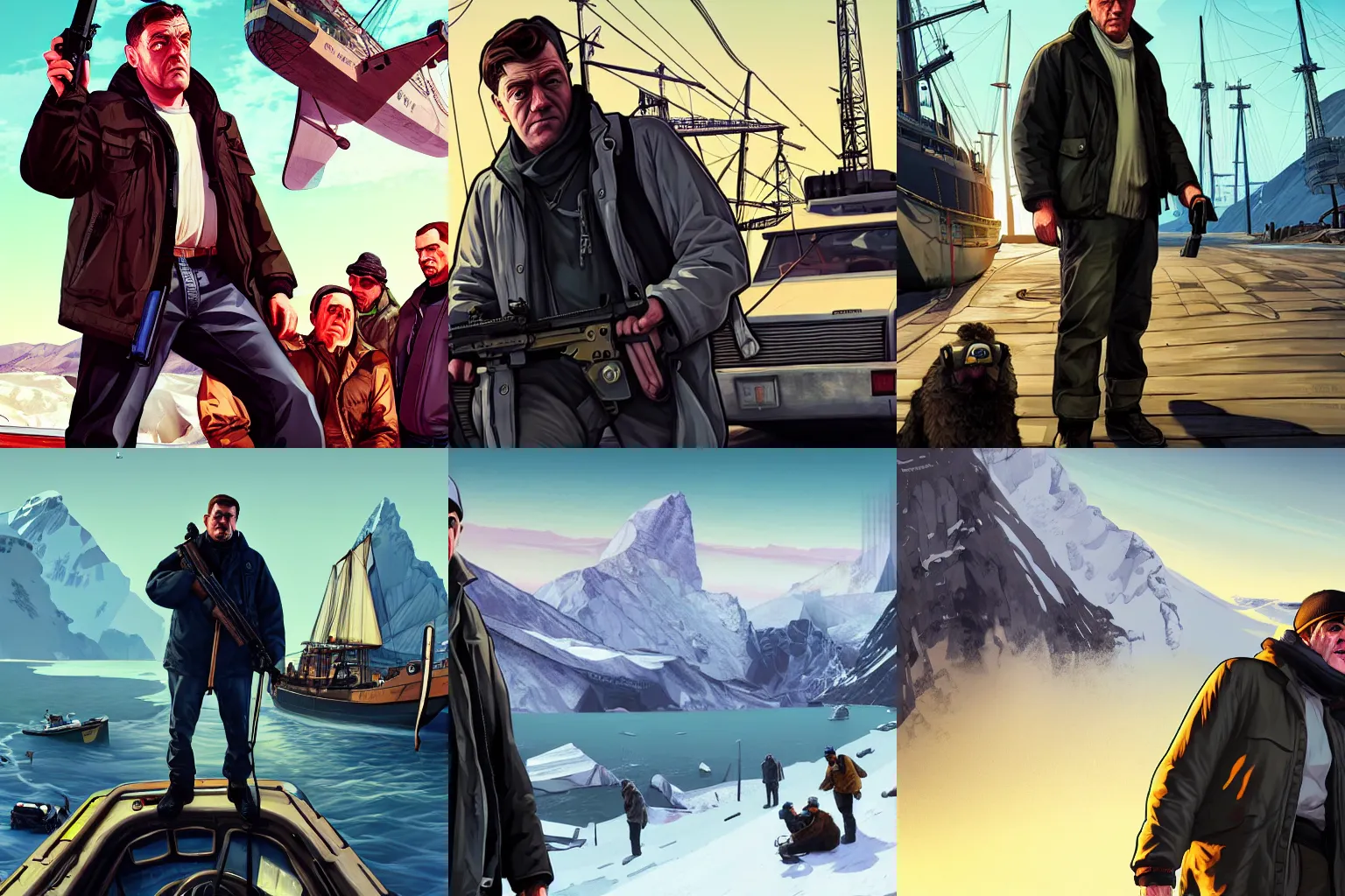 Prompt: Ernest Shackleton in Grand Theft Auto 5 cover art, epic, 4k resolution, extremely detailed, very sharp, artstation, digital art, vibrant,