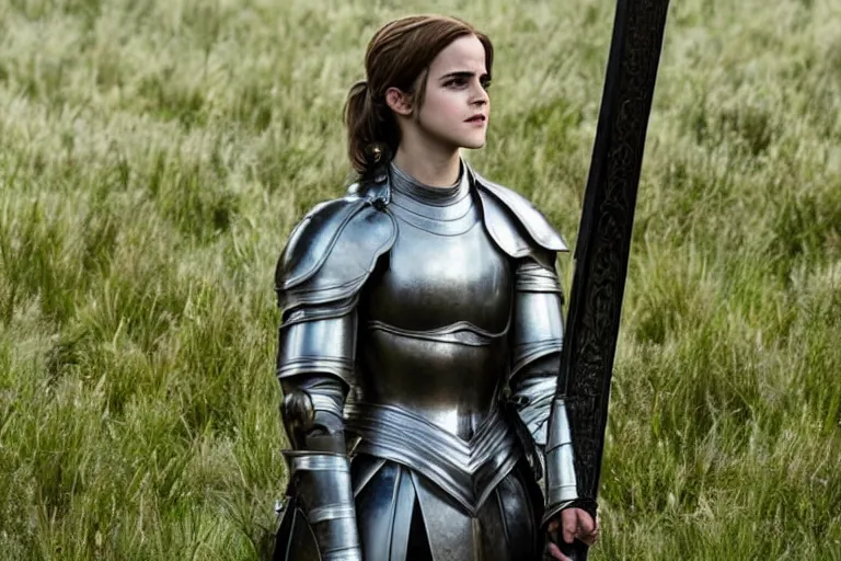 Image similar to promotional image of Emma Watson as Joan of Arc in the new movie directed by Ridley Scott, full suit of gilded plate armor, verdant green fields, god rays, detailed face, holding a sword, movie still, promotional image, imax 70 mm footage