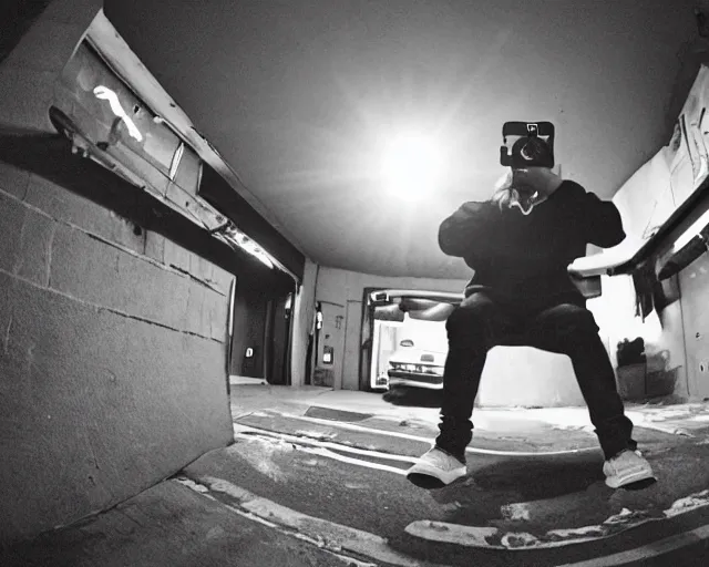 Prompt: Gritty, hip-hop music video, fisheye lens