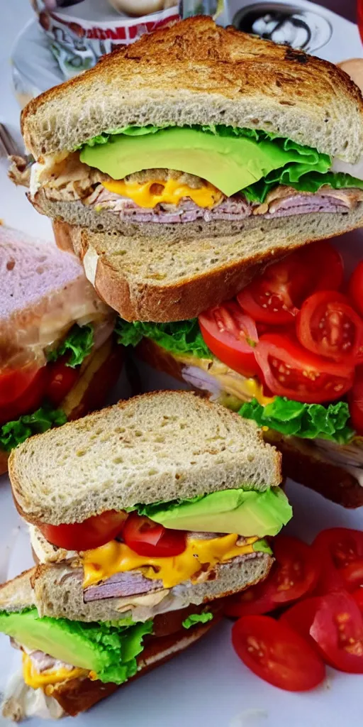 Image similar to giant sandwich with fried tofu, one red tomato slice, mayo, onion, avocado, melted cheddar, red dish, background : jupiter and stars in the sky