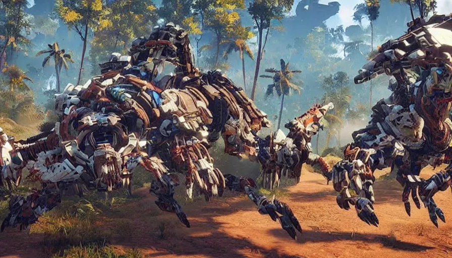 Prompt: a machine from horizon zero dawn invading kerala