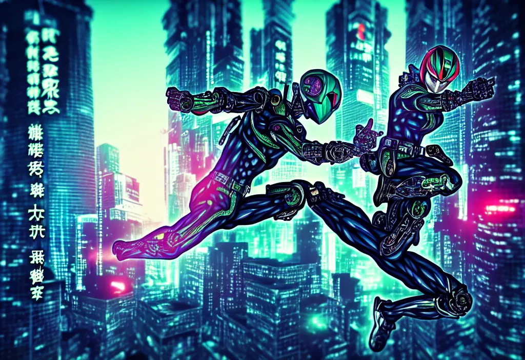 Image similar to kamen rider action pose, human structure concept art, human anatomy, full body hero, intricate detail, hyperrealistic art and illustration by lim haksu, a. k. a limha lekan a. k. a maxx soul, global illumination, blurry and sharp focus, on tokyo cyberpunk night rooftop, frostbite engine