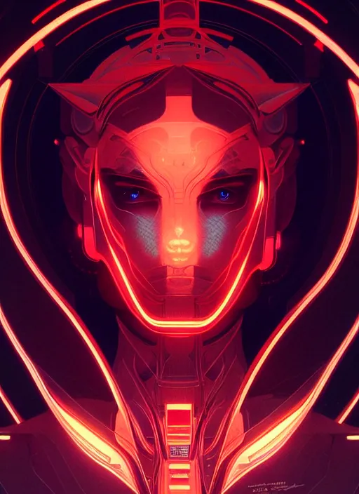 Image similar to symmetry!! portrait of demon, sci - fi, tech wear, glowing lights!! intricate, elegant, highly detailed, digital painting, artstation, concept art, smooth, sharp focus, illustration, art by artgerm and greg rutkowski and alphonse mucha