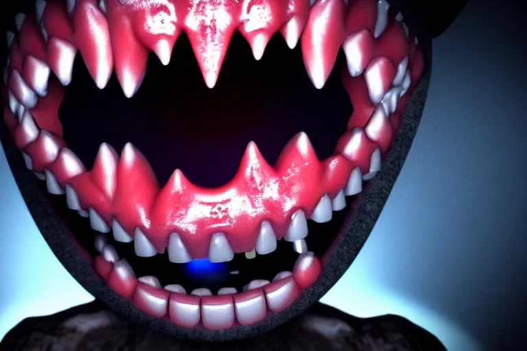 Image similar to A vile creature in the dark is illuminated by a flashlight, scary scene, top horrible creature, horrible, horrors filmed on camera, teeth fangs and drool, jaw and tongue, man is terrified, fear, scream, terror, darkness, basement, 8k, hyper-realistic, ray tracing, night, flashlight