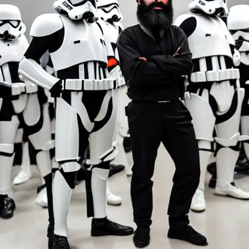 Image similar to 5 foot 1 0 fit iranian man with very short black beard and medium black well styled hair being captured by stormtroopers, highly detailed, high definition, ultra realistic