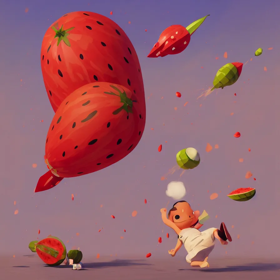 Prompt: Goro Fujita illustrating a rocket in the form of watermelon hitting the Red Square, art by Goro Fujita, sharp focus, highly detailed, ArtStation