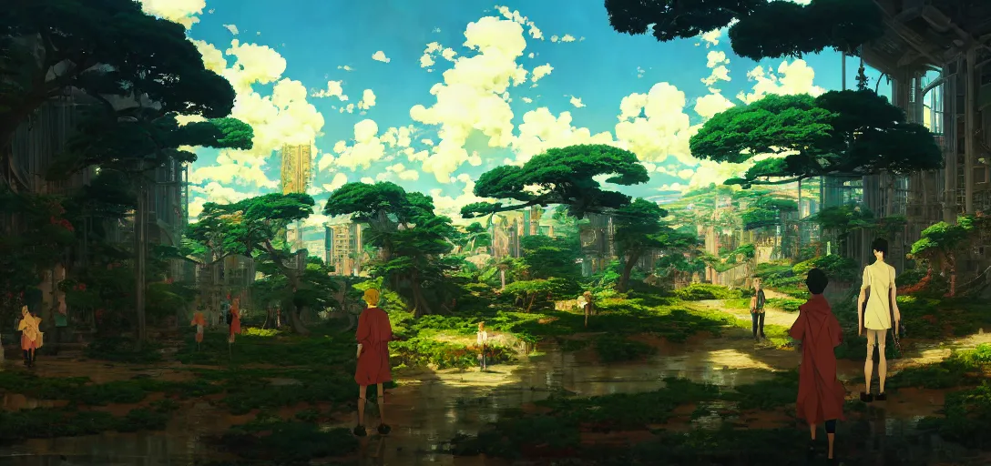 Prompt: baroque oil painting of anime key visual environment concept art of a garden of eden in a cyberpunk world, brutalist, dark fantasy, rule of thirds, digital cel shading, fake hidden detail, trending on pixiv fanbox, acrylic palette knife and brush, style of makoto shinkai studio ghibli jamie wyeth james gilleard greg rutkowski