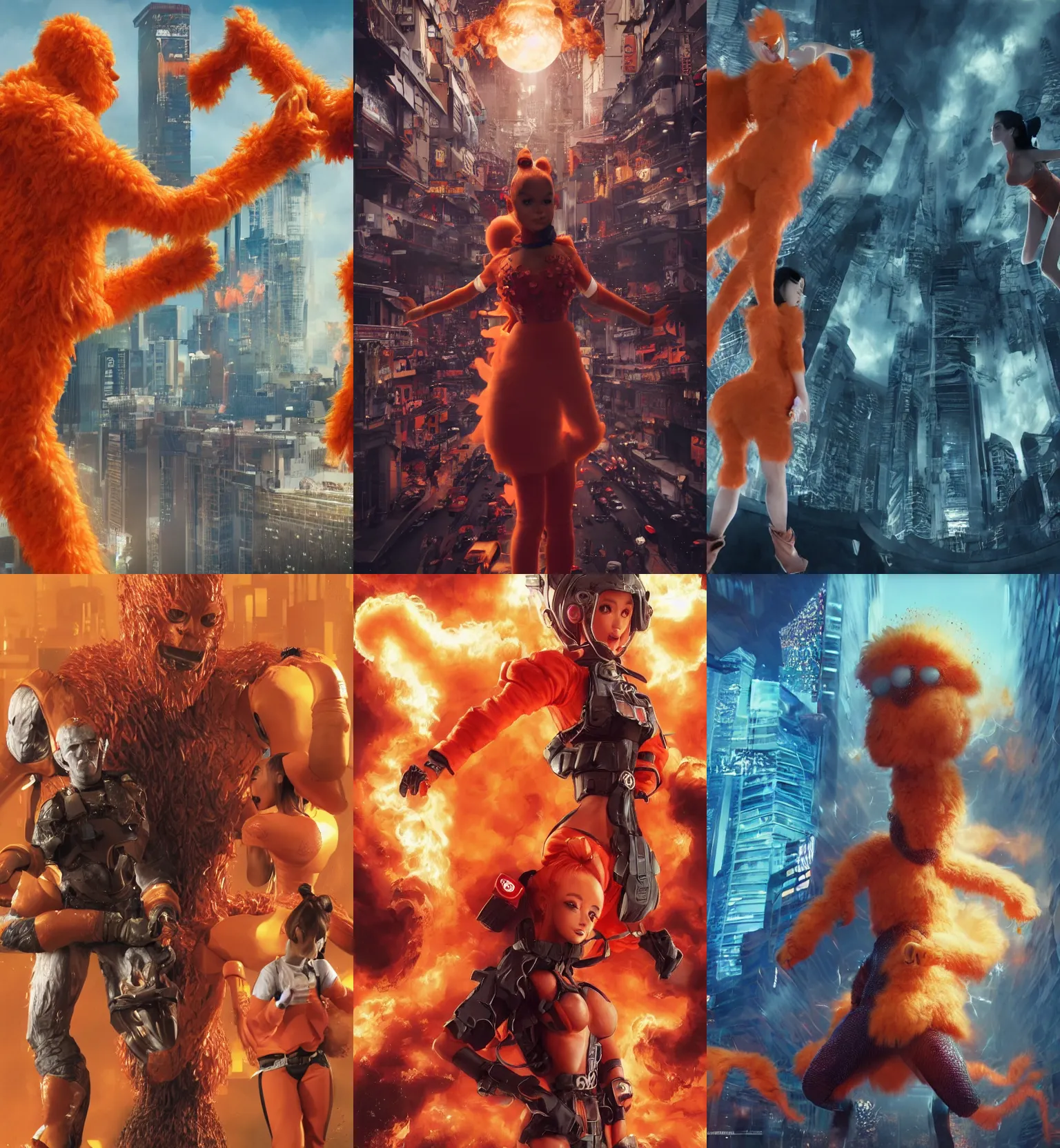 Image similar to ultrarealistic giant ariana grande wearing orange monster chicken suit vs jason statham in tokyo by yusuke murata, explosions, octane render, character concept art, movie action still frame, cinematic lighting, volumetric lighting, extreme intricate details, artstation, dnd art, cgsociety, sharp focus, ultra wide angle, digital painting by artgerm, gerald brom, wlop