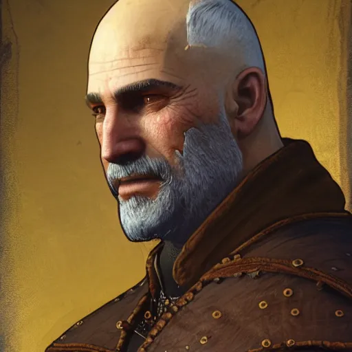 Prompt: beautiful and detailed portrait of gaunter o'dimm from the witcher 3, profile view, side view, arab man, 5 0 years old, brown coat, bald, shaven, stained glass art, by alphone mucha, very masterful