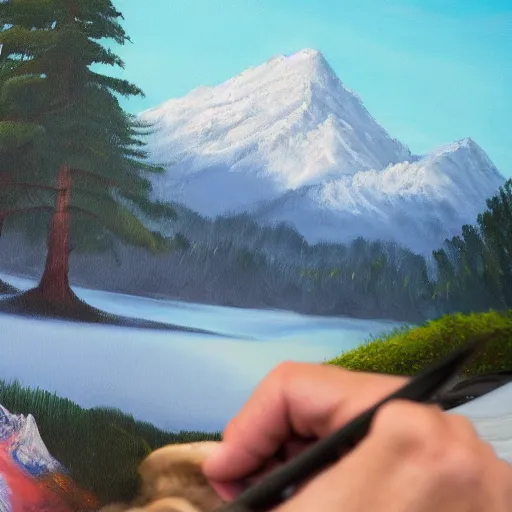 Prompt: a closeup photorealistic photograph of bob ross putting the finishing touches on a canvas painting that includes ashley schaeffer. mountains and trees. film still. brightly lit scene. this 4 k hd image is trending on artstation, featured on behance, well - rendered, extra crisp, features intricate detail, epic composition and the style of unreal engine.