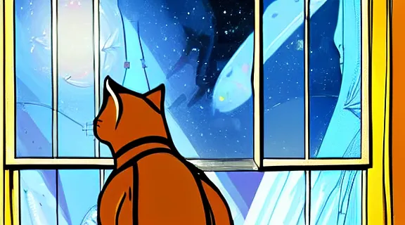 Image similar to cat seen from behind wearing a spacesuit in a space station watching the stars trough a large window, digital painting, dramatic lighting, highly detailed, artstation, concept art