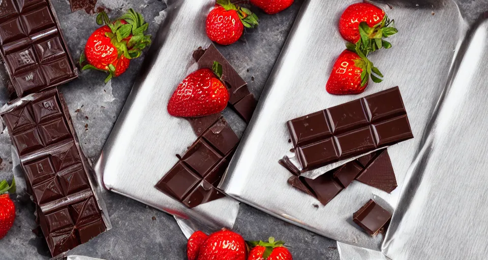 Image similar to A gourmet dark chocolate bar on an opened silver wrapper, next to sliced strawberries, on a wooden tray, macro lens product photo