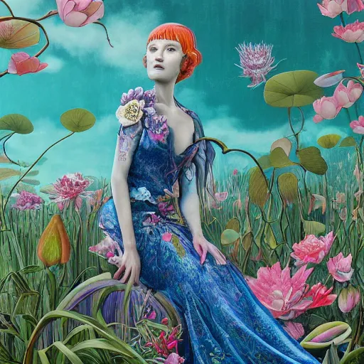 Prompt: pretty model with botanical and water lilies : : by martine johanna and simon stalenhag and chie yoshii and casey weldon and wlop : : ornate, dynamic, particulate, rich colors, intricate, elegant, highly detailed, vogue, harper's bazaar art, fashion magazine, smooth, sharp focus, 8 k, octane render