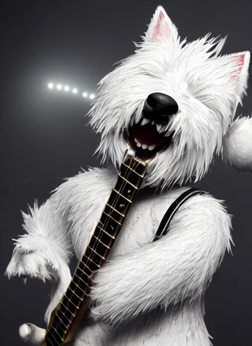 Image similar to a high detail shot of an Anthropomorphic west highland white terrier as a heavy metal guitarist, photorealism, volumetric lighting, epic lighting, artstation, hd