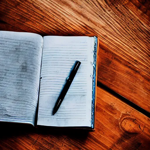 Image similar to highly detailed close up photo of an old worn notebook on wooden table, old table, feather pen, light coming out of near window, moody lighting, dust in air