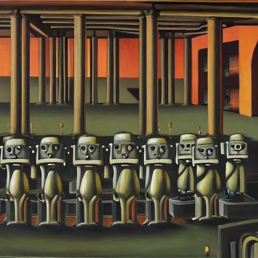 Image similar to line of robots guarding a brutalist castle, evil visages, dystopian, pj crook, edward hopper, oil on canvas