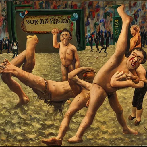 Image similar to 3 drunks fall over mud - wrestling,, where's wally, oil painted ( ( ( ( by salvador dali ) ) ) )