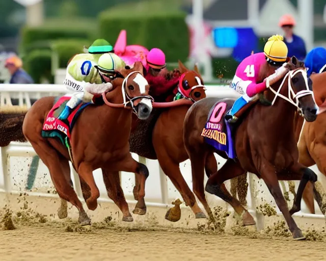 Prompt: Ponyta wining the Kentucky Derby in a photo finish