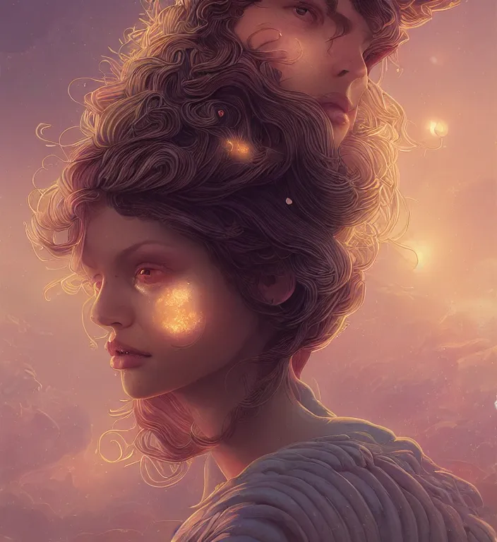 Image similar to centered waist up portrait photography an angel + bokeh + DOF + 8k, photorealistic + rendered in octane + illustration by Peter Mohrbacher and Hans Baluschek + line work by Dan Mumford