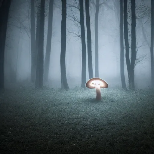 Prompt: a mushroom in the spooky woods at night, fog