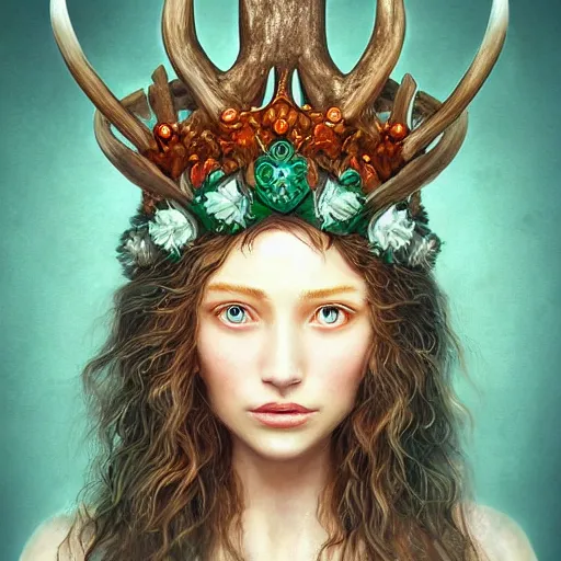 Image similar to A beautiful digital painting of freya allen, teal skin, antler crown made from wood on her head and brown curly hair with orange oak leaves, D&D, fantasy, intricate, beautiful green eyes, cinematic lighting, highly detailed, digital painting, Artstation, concept art, smooth, sharp focus, illustration, art by Artgerm and Greg Rutkowski and Alphonse Mucha