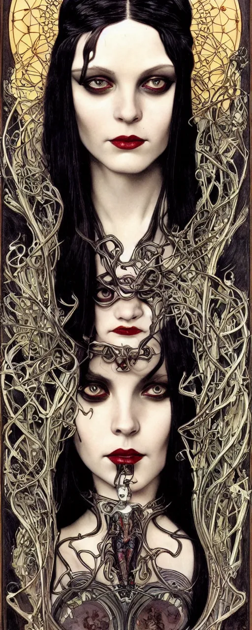 Prompt: striking sensual gorgeous sci - fi art nouveau portrait of wednesday addams as the dark goddess lilith by michael kaluta, chris achilleos and alphonse mucha, photorealism, extremely hyperdetailed, perfect symmetrical facial features, perfect anatomy, ornate declotage, weapons, circuitry, high technical detail, determined expression, piercing gaze