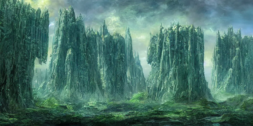 Prompt: soaring pearl towers on dark evil malachite stronghold, under outer world forrest, rivers and lakes, art by Dmitry Dubinsky