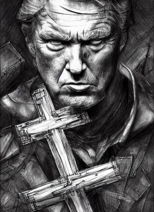 Image similar to portrait, Trump on a cross, watercolor, dramatic lighting, cinematic, establishing shot, extremely high detail, foto realistic, cinematic lighting, pen and ink, intricate line drawings, by Yoshitaka Amano, Ruan Jia, Kentaro Miura, Artgerm, post processed, concept art, artstation, matte painting, style by eddie mendoza, raphael lacoste, alex ross