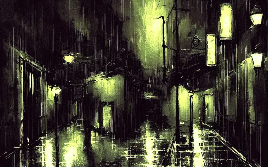 Image similar to !dream concept art, dark wet london alley at night, by ashley wood, by roger deakins, in the style of syd mead atmospheric