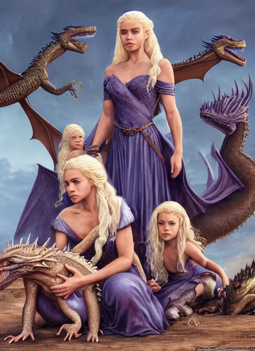 Image similar to queen daenerys stormborn with her dragon babies, by michael whelan, detailed matte painting, 8 k resolution