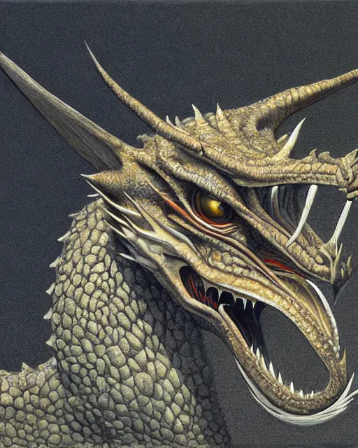 Image similar to Medium shot low angle dragon, highly detailed, sharp focus, digital painting, oil painting, artwork, museum work, by Robert Bateman, by Carl Brenders,