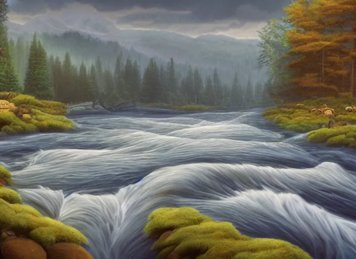 Image similar to matte sharp painting, close - up of a river running past a cozy cabin in the mountains, heavy rain, juxtapoz, artforum, gary baseman, preston blair, tex avery, dan mumford, pedro correa