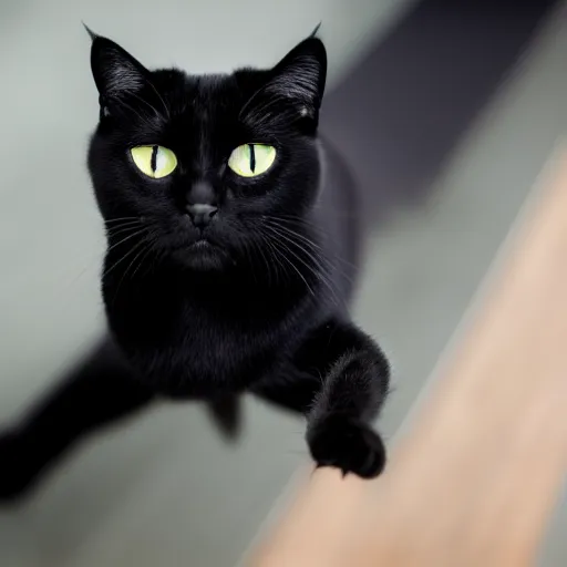 Prompt: a beautiful photo of a black cat posing on a catwalk