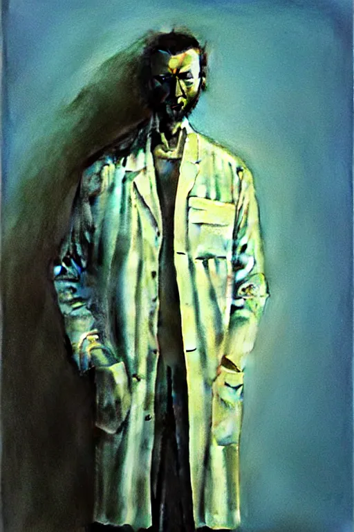 Image similar to portrait of lab coat without a person wearing it, by zdzislaw beksinski, by dariusz zawadzki, artbook, tone mapped, deep blues, shiny, soft lighting