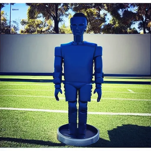 Image similar to “ a realistic detailed photo of a guy who is an attractive humanoid who is half robot and half humanoid, who is a male android, football player christian mccaffrey, shiny skin, posing like a statue, blank stare, on the field, on display ”