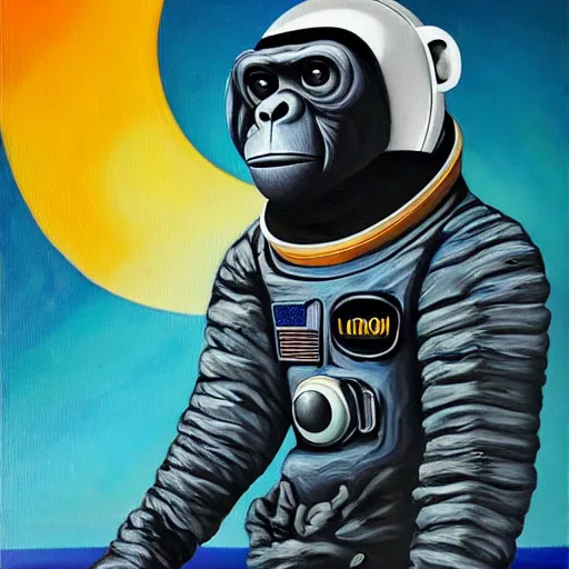 Prompt: paint of a lunar bored ape astronaut, art by damien gilley, optical illusion, surrealism, modern art, 8 k resolution, artwork beautiful