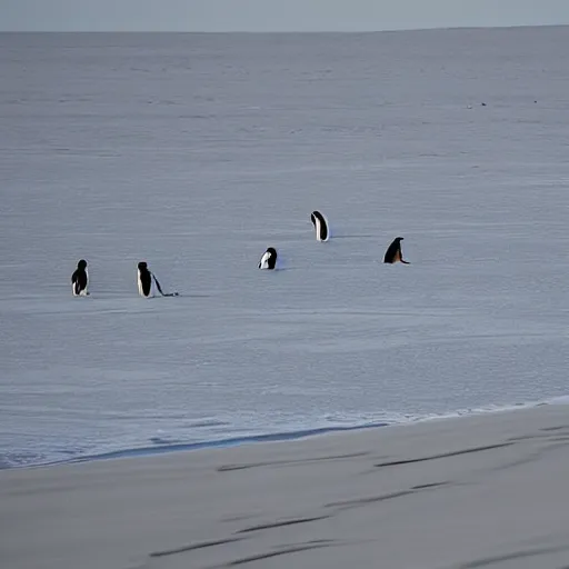 Prompt: penguins sand dunes,, photography