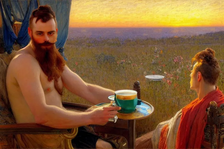 Image similar to attractive man drinking coffee, sunset, painting by gaston bussiere, carl larsson, tom of finland, trending on artstation