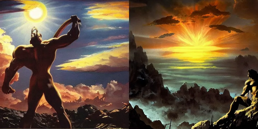 Image similar to dramatic sunset and dramatic sky , lone muscular creature in the middle looks at the sun , painting by frazetta, low angle perspective, postapocalyptic panorama.asthetics !