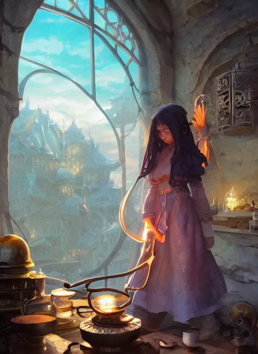 Image similar to highly detailed alchemist by a pill stove, stephen bliss, unreal engine, wuxia art by greg rutkowski, loish, rhads, ferdinand knab, makoto shinkai and lois van baarle, ilya kuvshinov, rossdraws, tom bagshaw, alphonse mucha, global illumination, radiant light, detailed and intricate environment